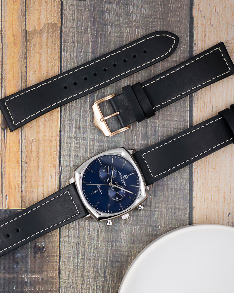 22mm Stitched Leather  - Lonsdale Strap - Black